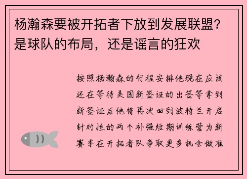 杨瀚森要被开拓者下放到发展联盟？是球队的布局，还是谣言的狂欢